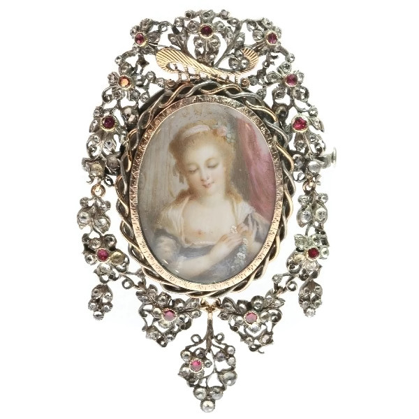 Romantic brooch pendant with painted miniature on ivory and paste stones